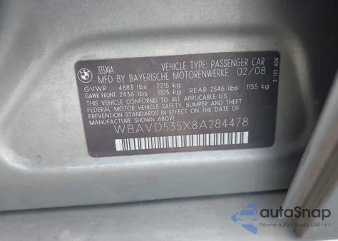 2008 BMW 335Xi из США, поврежденный, VIN WBAVD535X8A284478